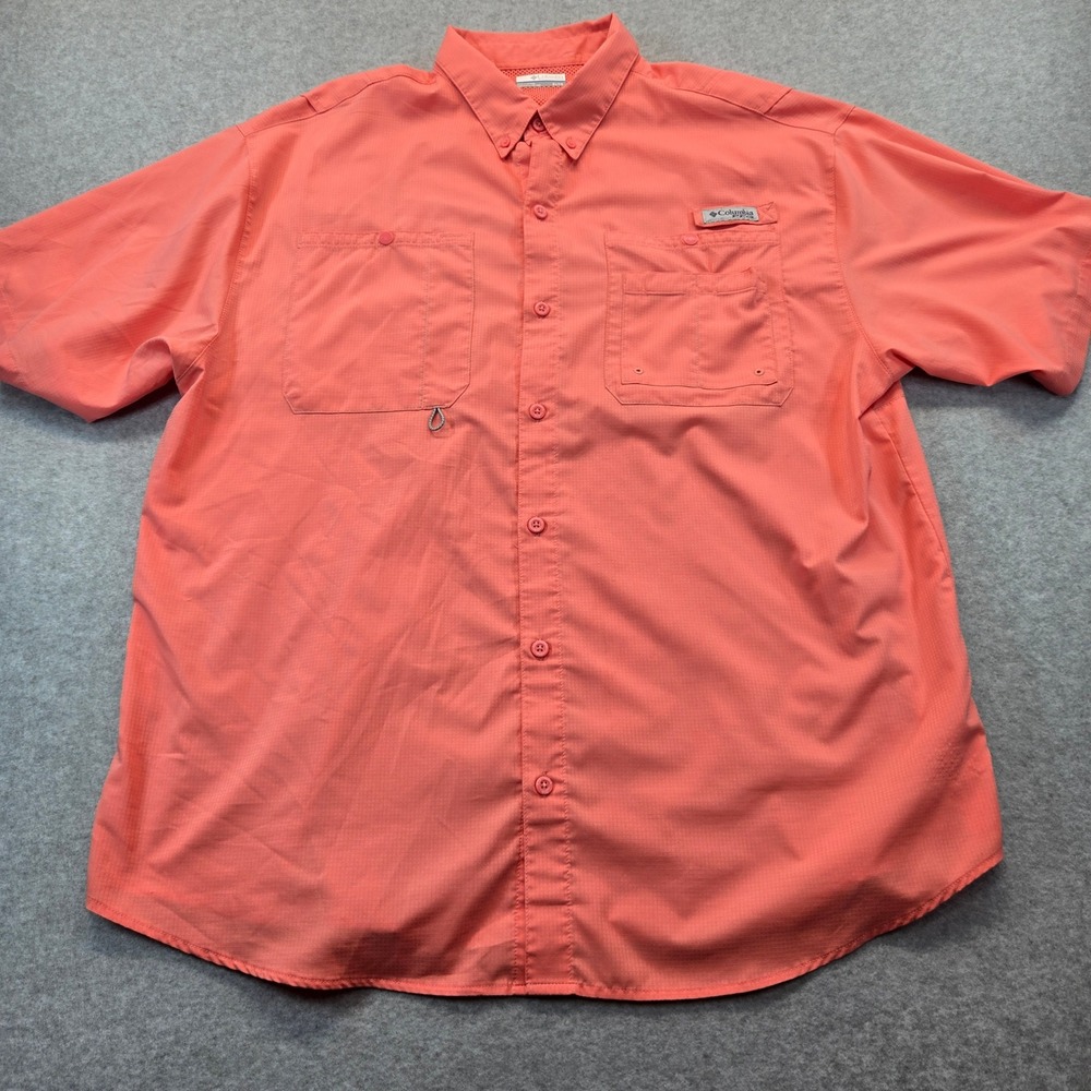 Columbia PFG Mens XL Short Sleeve Fishing Shirt Coral Orange Ripstop XM7101